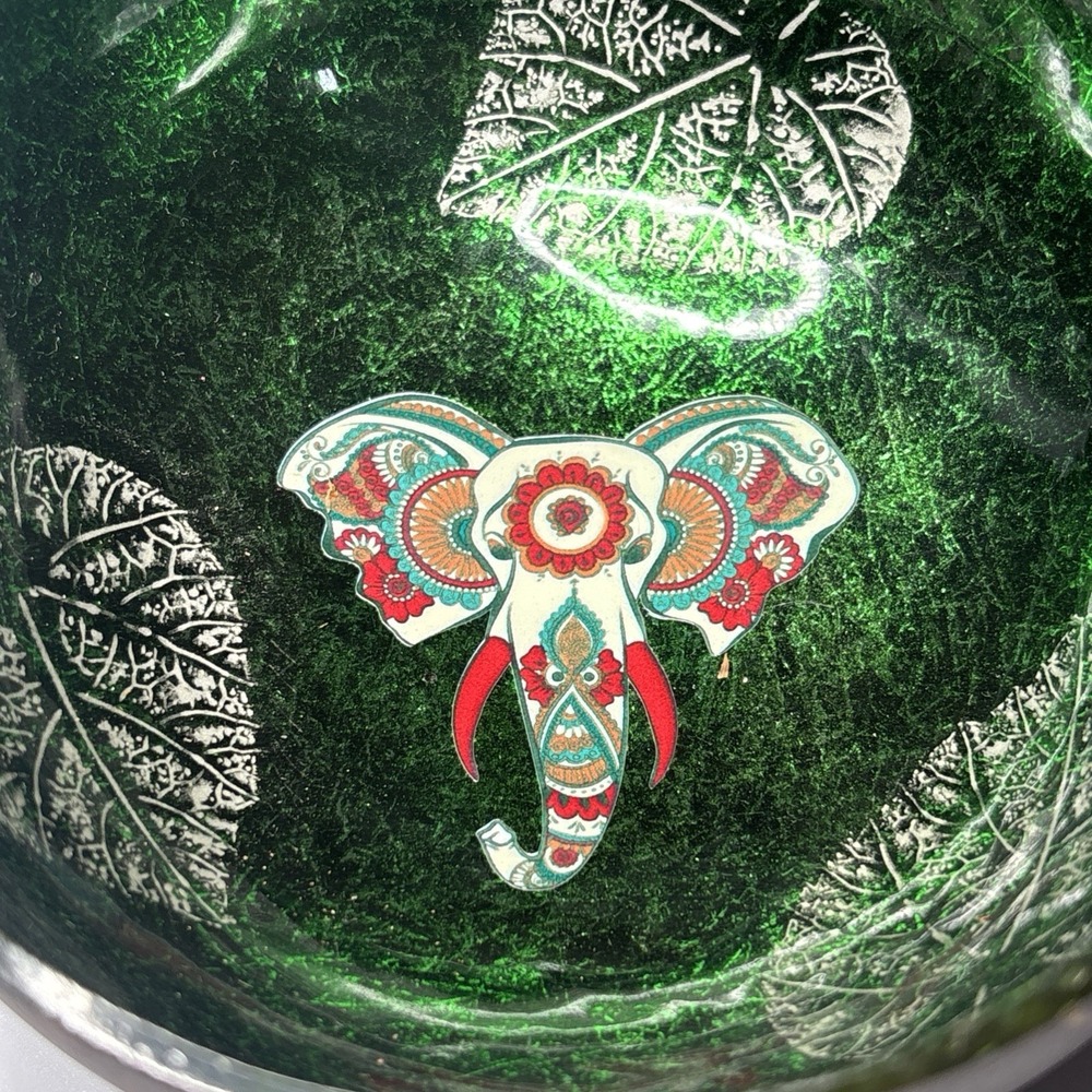 Coconut Shell Trinket Bowl Elephant Stamp Green Iridescent‎ Artisan - Picture 4 of 4